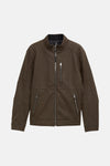 Veste en simili cuir marron de Tom Tailor, avec fermeture éclair argentée et épaulettes matelassées.