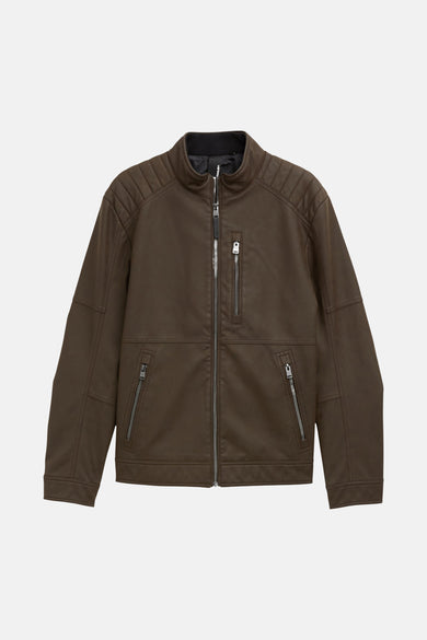 Veste en simili cuir marron de Tom Tailor, avec fermeture éclair argentée et épaulettes matelassées.