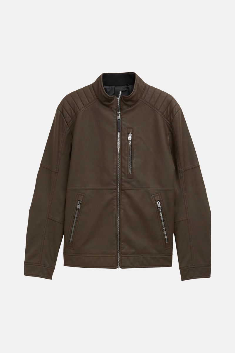 Veste en simili cuir marron de Tom Tailor, avec fermeture éclair argentée et épaulettes matelassées.