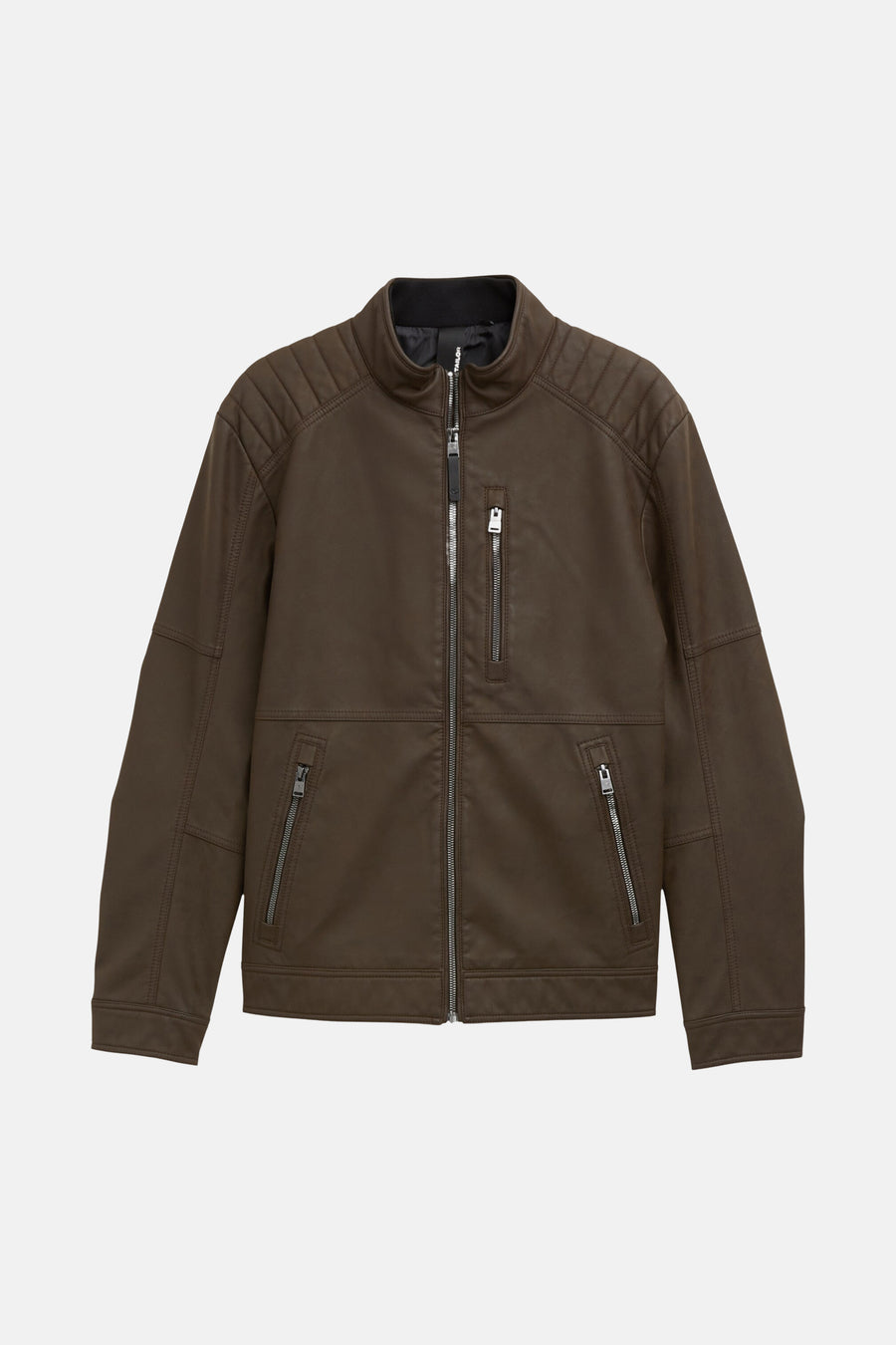 Veste en simili cuir marron de Tom Tailor, avec fermeture éclair argentée et épaulettes matelassées.