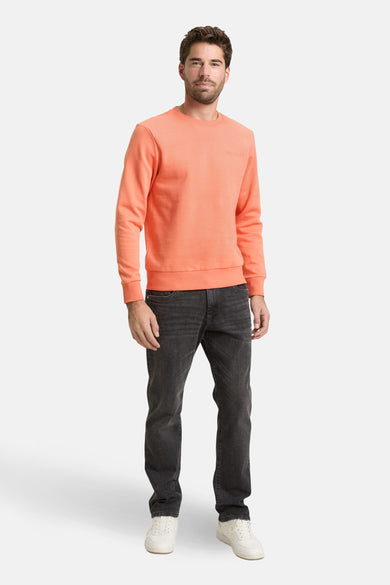 Sweat-shirt corail par Tom Tailor, porté avec un jean gris foncé et des baskets blanches.