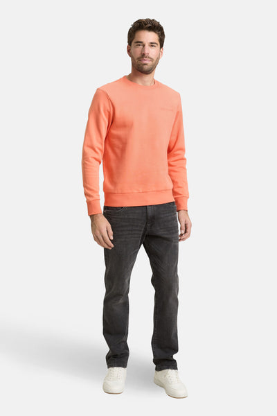 Sweat-shirt corail par Tom Tailor, porté avec un jean gris foncé et des baskets blanches.
