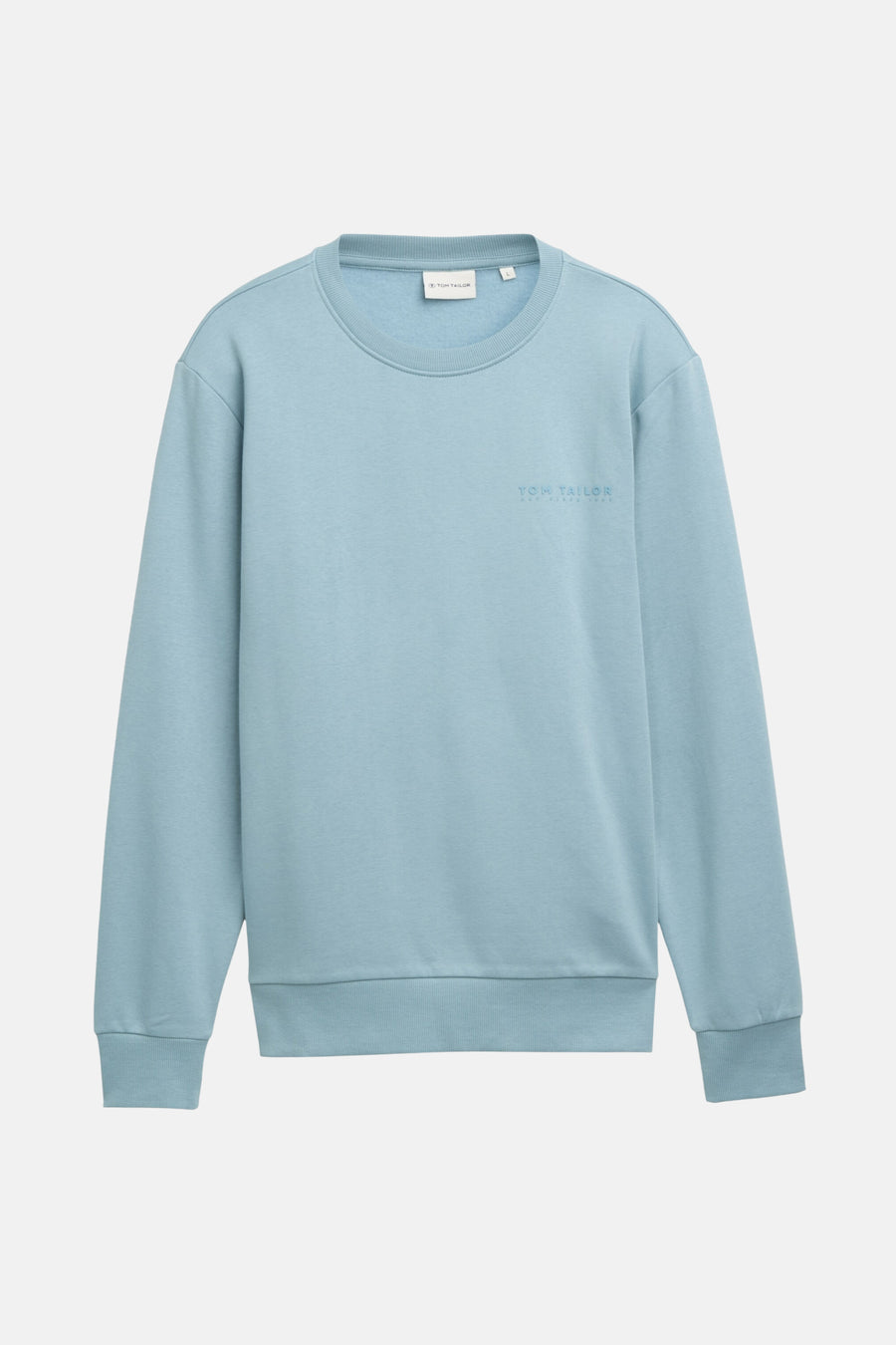 Blauwe sweater van Tom Tailor, met een ronde hals en subtiel geborduurd logo op de voorkant.