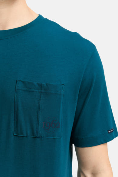 Turquoise T-shirt met korte mouwen van Tom Tailor, met borstzak en opdruk.