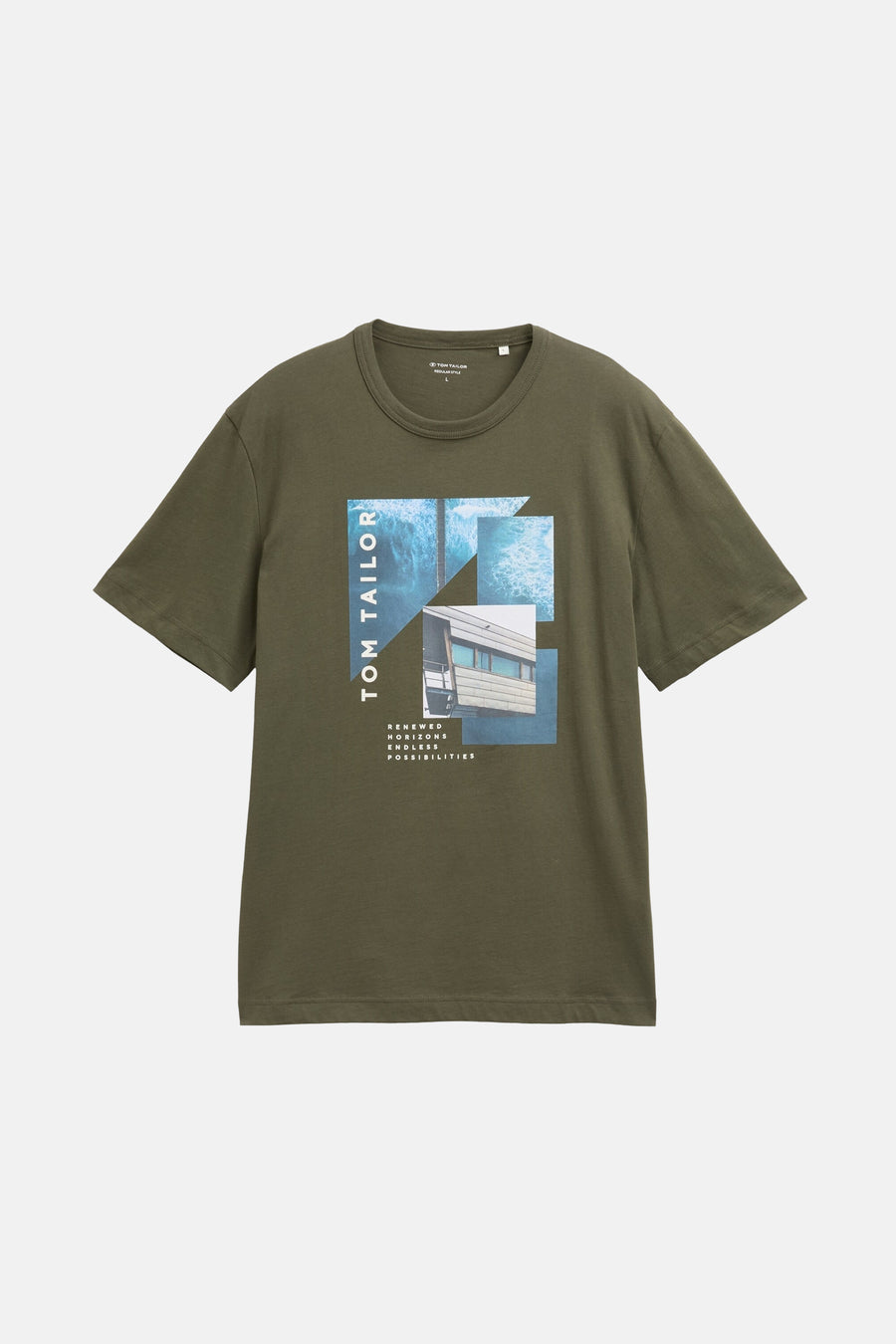 T-shirt kaki à manches courtes de Tom Tailor, avec imprimé graphique abstrait sur le devant.
