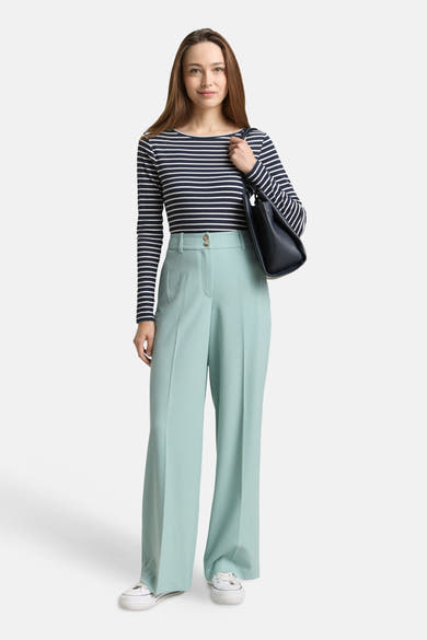 Pantalon de costume vert de Tom Tailor, avec une coupe ample et une taille haute boutonnée.