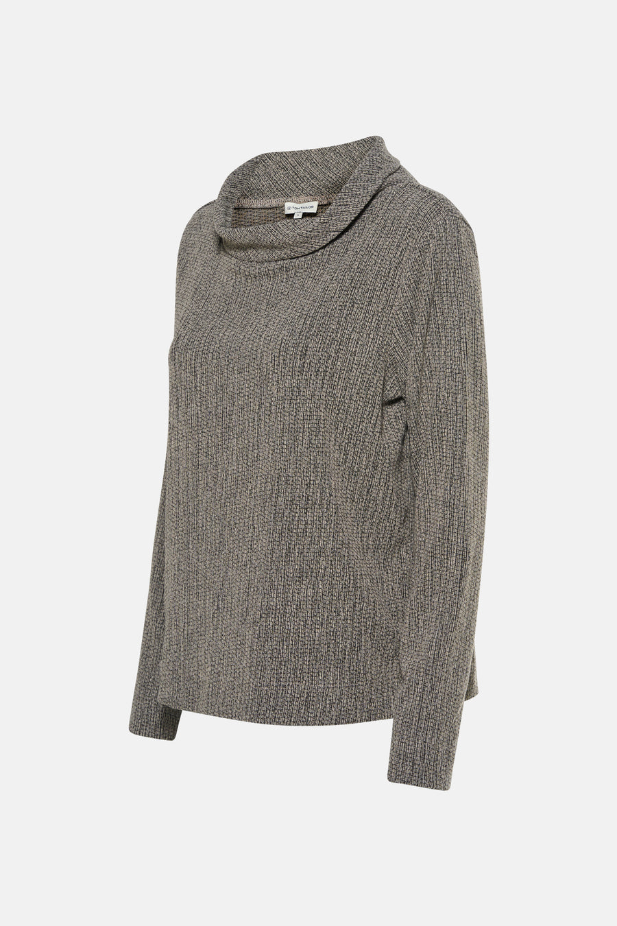 T-shirt à manches longues gris chiné de Tom Tailor, avec col châle texturé et coupe ample.