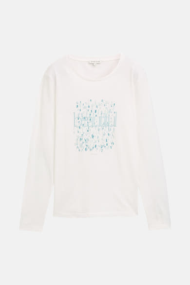 T-shirt à manches longues blanc de Tom Tailor, avec imprimé décoratif bleu et vert.