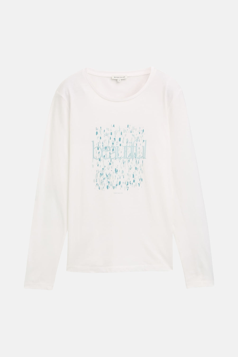 T-shirt à manches longues blanc de Tom Tailor, avec imprimé décoratif bleu et vert.