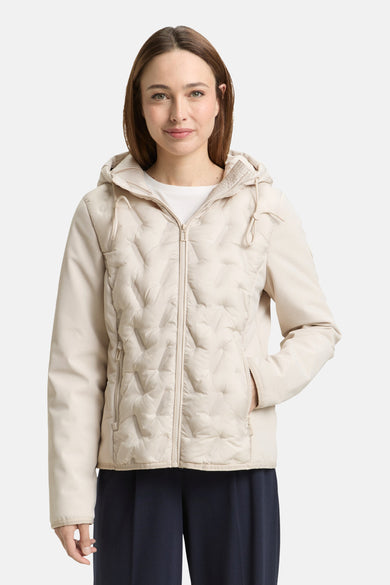 Veste courte beige de Tom Tailor, avec capuche, fermeture éclair et motif matelassé.