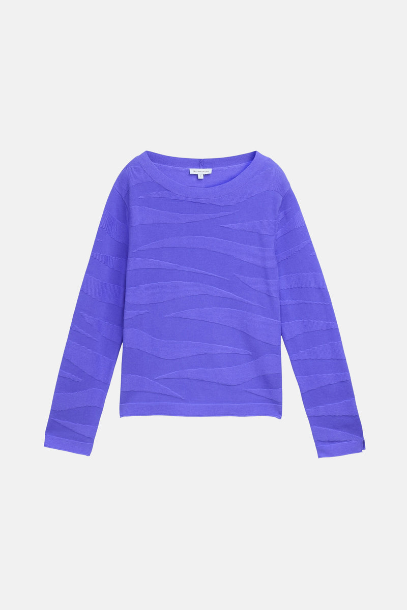 Roze rondehals-trui van Tom Tailor, in geribbelde textuursticksel met een subtiel visgraatpatroon.