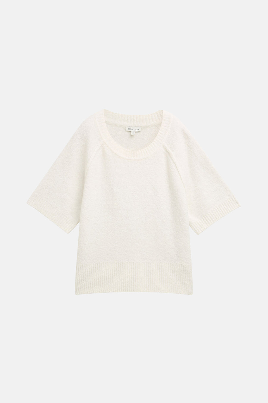 Wit T-shirt met ronde hals van Tom Tailor, in een getextureerd breisel met korte mouwen.