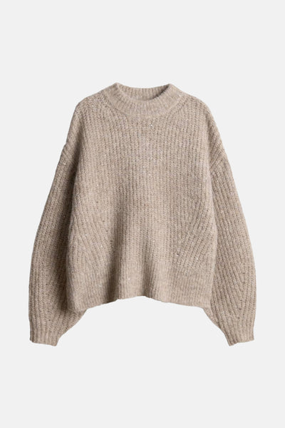 Pull à col rond taupe d'OPUS avec une texture tricotée et des détails scintillants subtils.