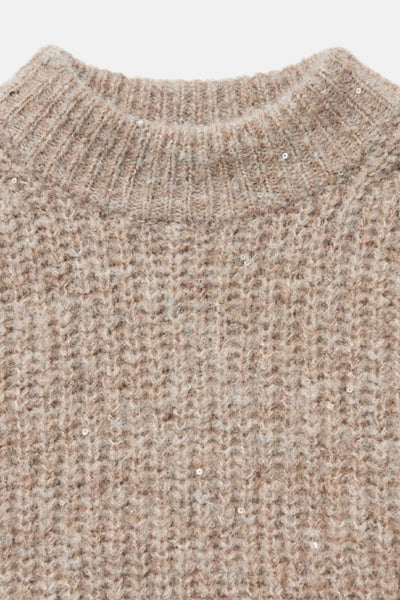 Pull à col rond en maille taupe d'OPUS avec des paillettes décoratives.