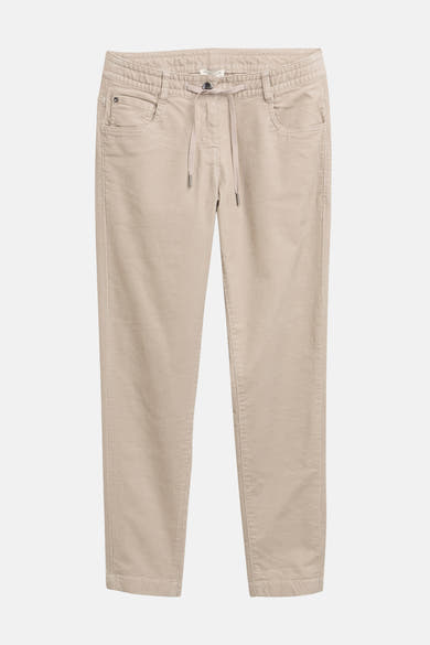 Beige ribfluwelen broek van Tom Tailor, met trekkoord in de taille en voorzakken.