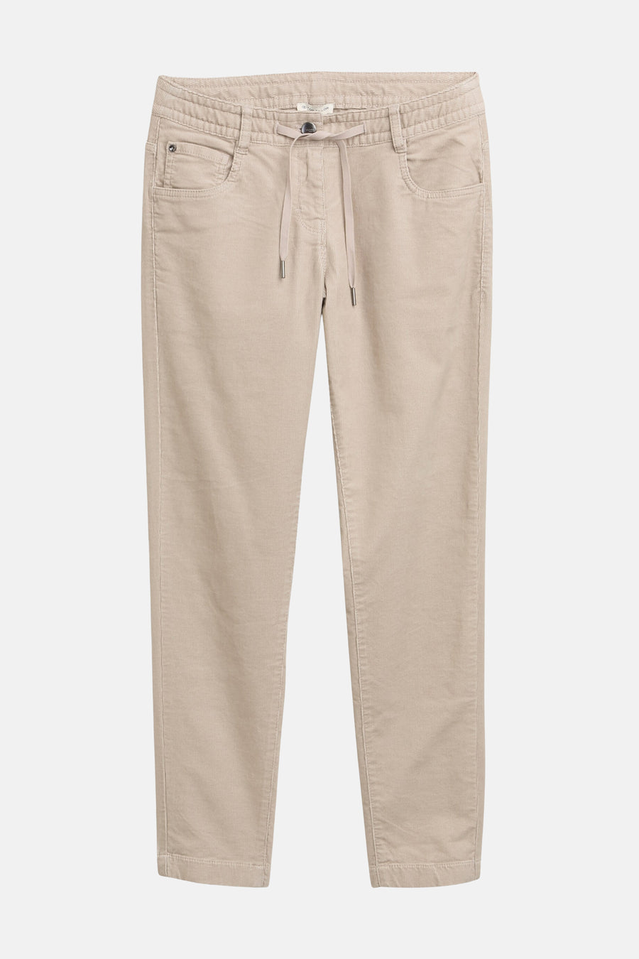 Beige ribfluwelen broek van Tom Tailor, met trekkoord in de taille en voorzakken.