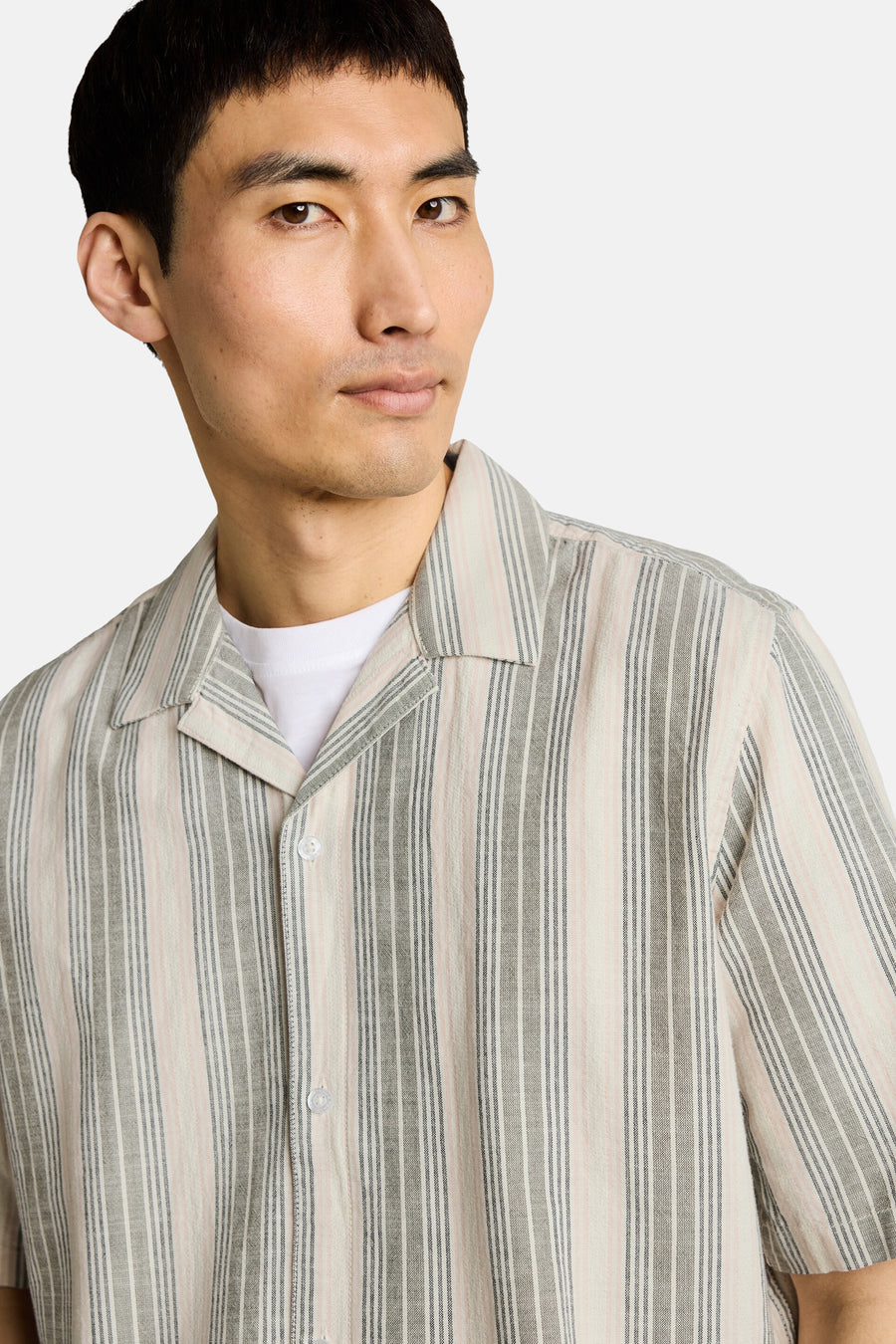Multikleurig overhemd met korte mouwen van Tom Tailor met beige, grijze en roze verticale strepen, gedragen door een man.