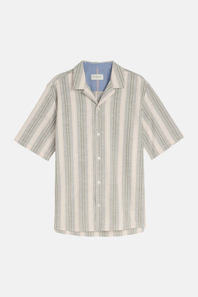 Multikleurig overhemd met korte mouwen van Tom Tailor, met beige, grijze en roze strepen, een open kraag en blauwe voering.
