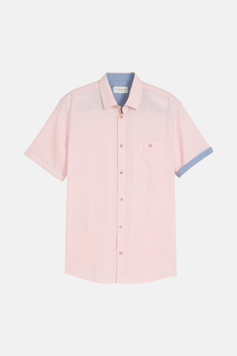 Chemise à manches courtes rose de Tom Tailor avec col et revers de manches bleus contrastants, et poche poitrine boutonnée.