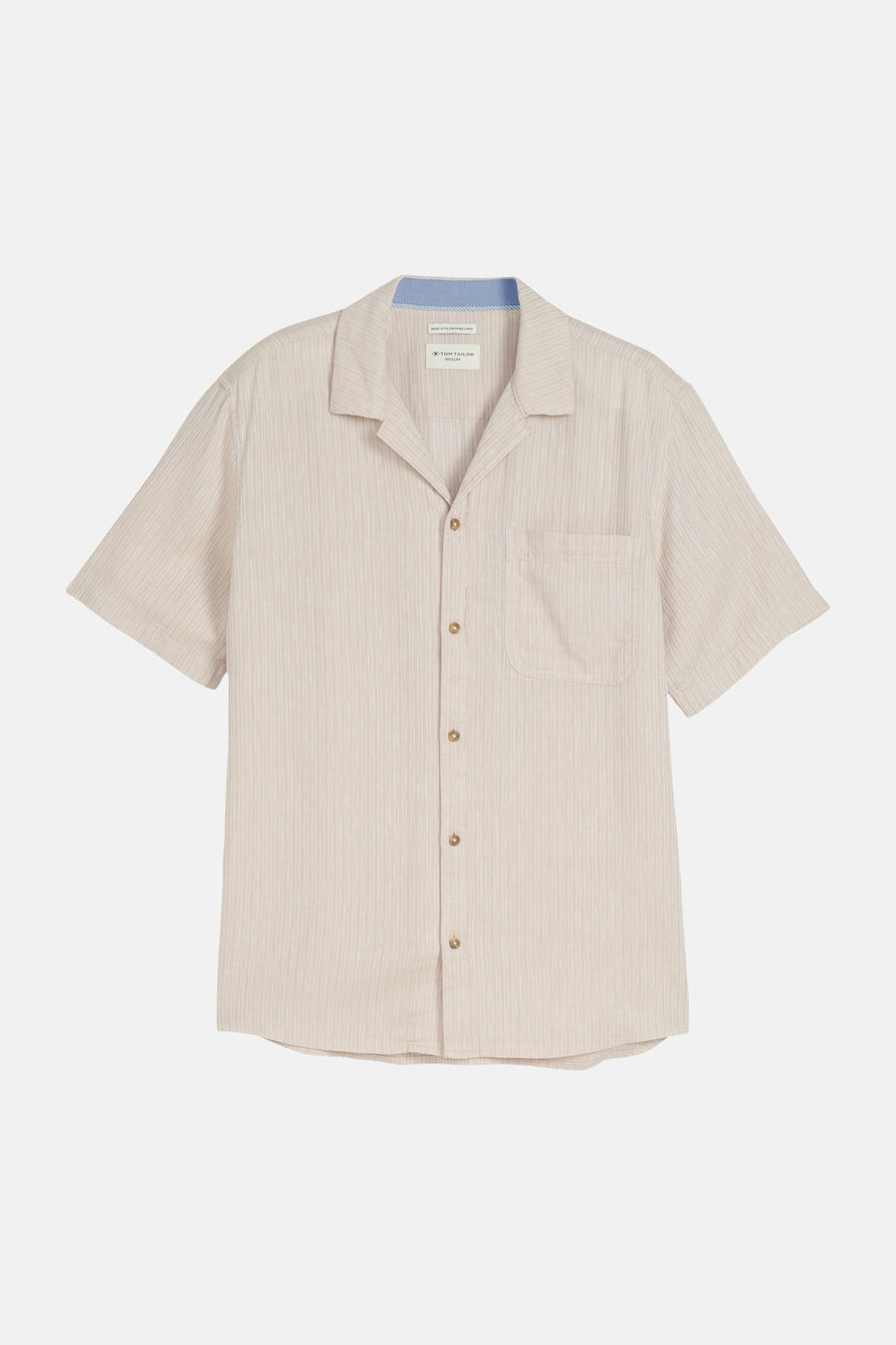 Beige korte mouwen overhemd van Tom Tailor, met fijne verticale strepen, met cubaanse kraag en borstzak, van linnen.