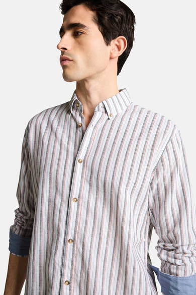 Multikleurig overhemd met lange mouwen van Tom Tailor, met verticale strepen, met opgerolde blauwe manchetten.