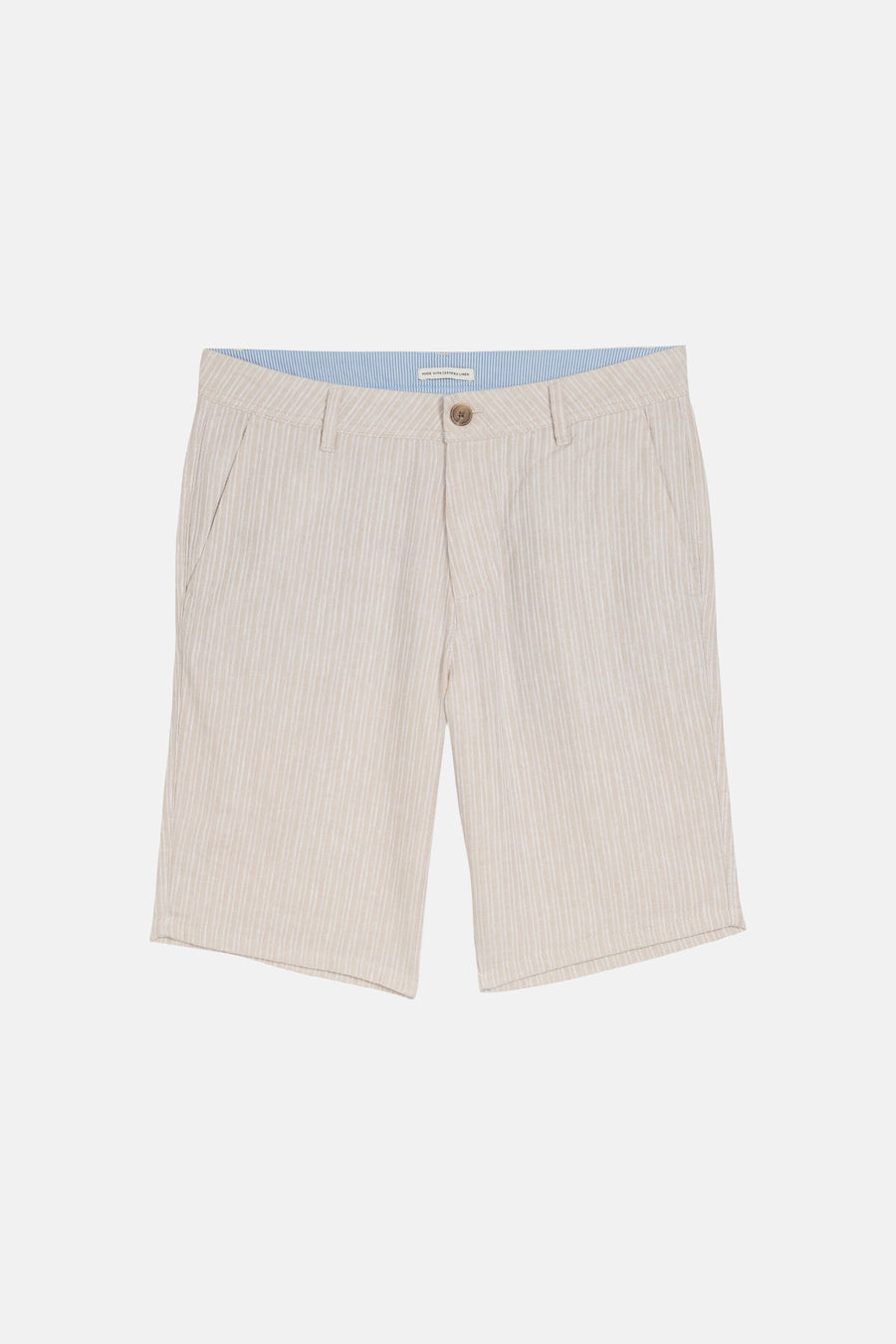 Bermuda beige de Tom Tailor, à rayures verticales fines, avec une doublure rayée bleue et blanche.