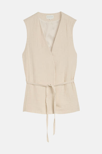 Blazer beige texturé de Tom Tailor sans manches, style cache-cœur avec ceinture à nouer et doublure rayée.