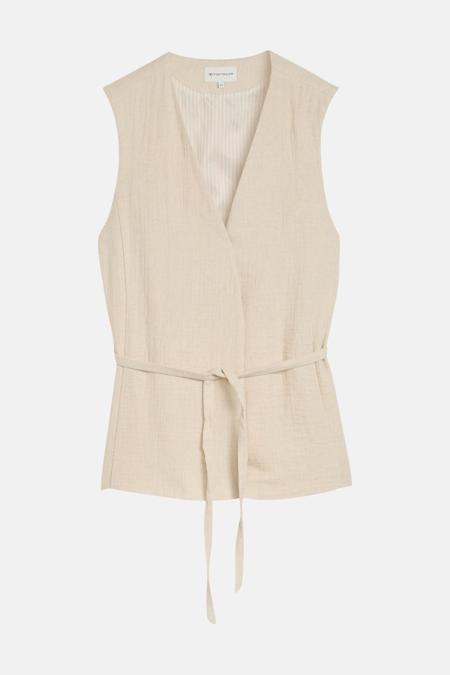 Blazer beige texturé de Tom Tailor sans manches, style cache-cœur avec ceinture à nouer et doublure rayée.