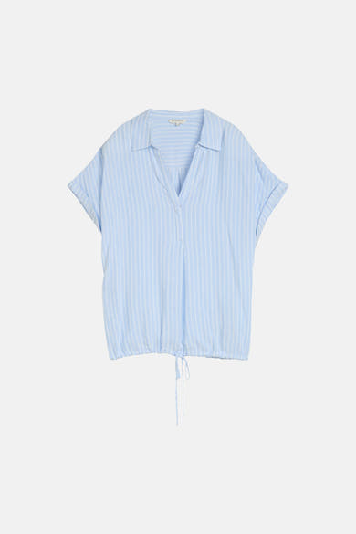 Blouse met korte mouwen in blauw met witte strepen van Tom Tailor, met kraag, V-hals, opgerolde mouwen en zoom met trekkoord.