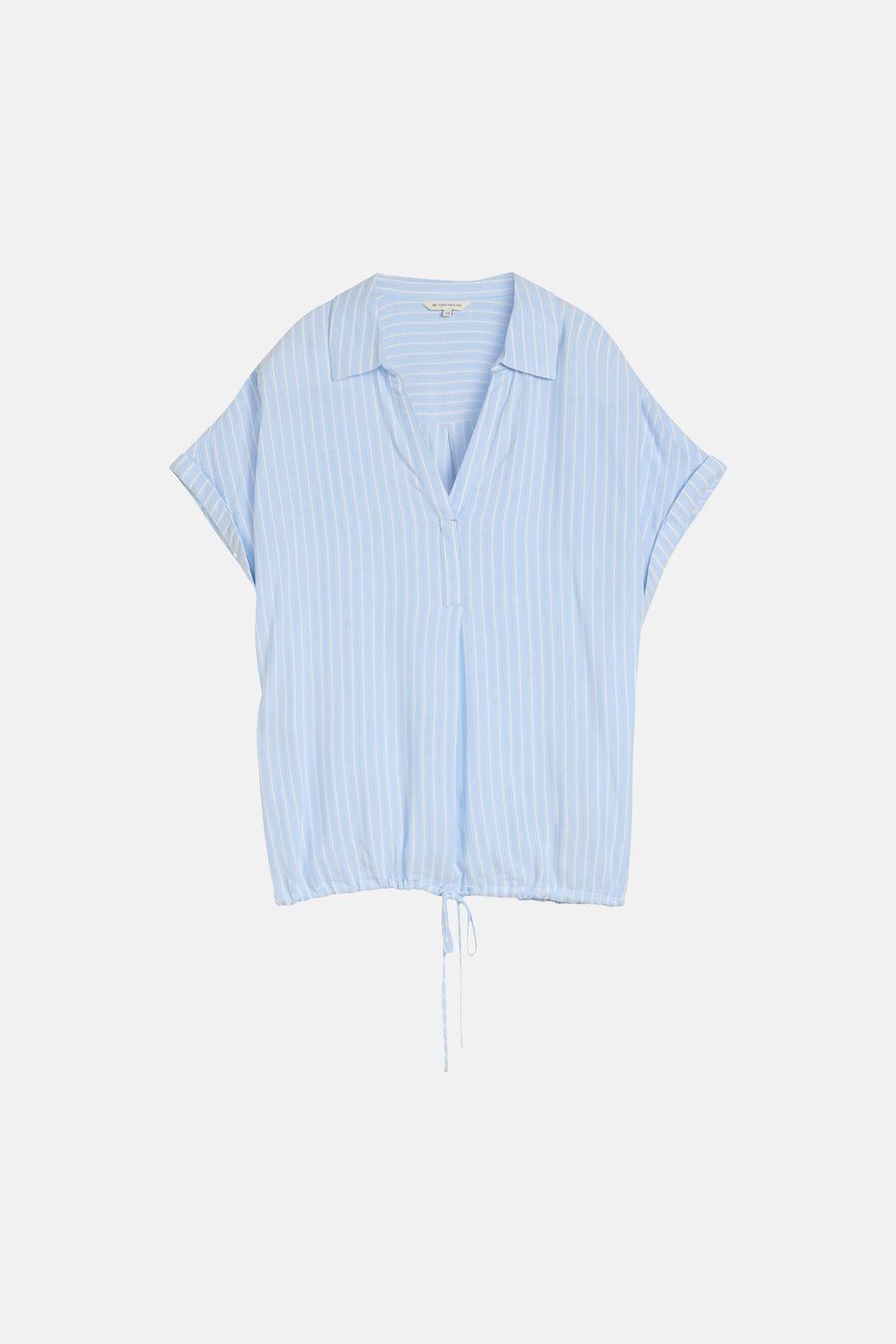 Blouse met korte mouwen in blauw met witte strepen van Tom Tailor, met kraag, V-hals, opgerolde mouwen en zoom met trekkoord.