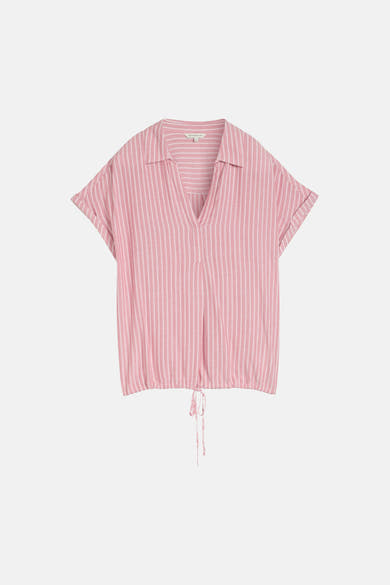 Roze blouse met witte strepen van Tom Tailor, V-hals, korte opgerolde mouwen en een geplooide zoom met trekkoord.