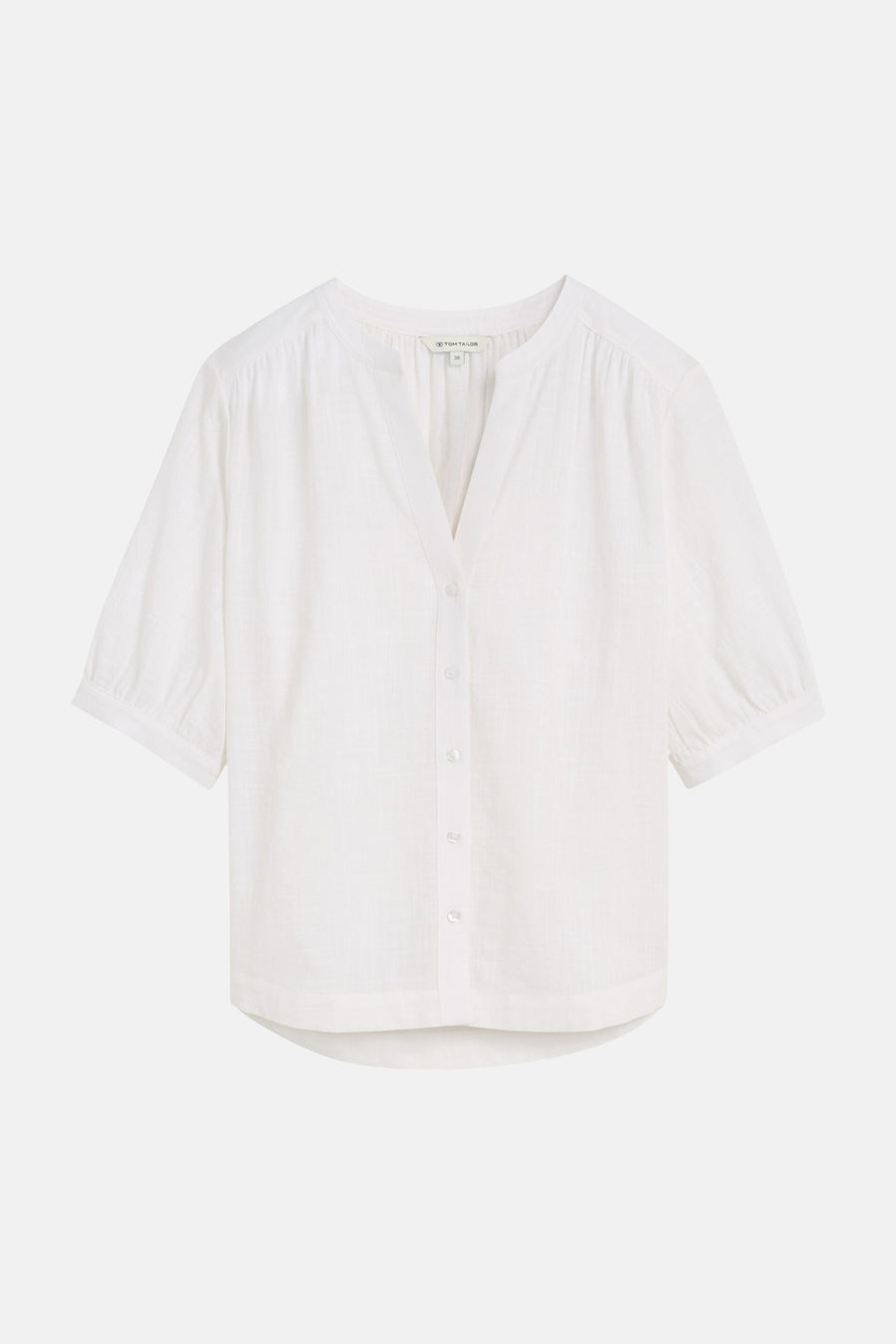 Witte blouse (korte mouwen) van Tom Tailor, met V-hals, witte knopen en licht gepofte mouwen.