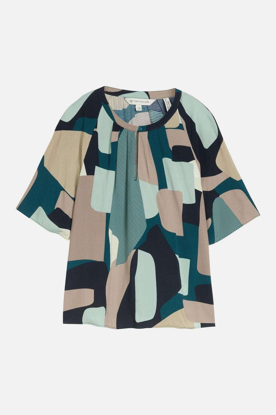 Blouse multicolore à manches courtes de Tom Tailor, avec motifs géométriques abstraits et rayures.