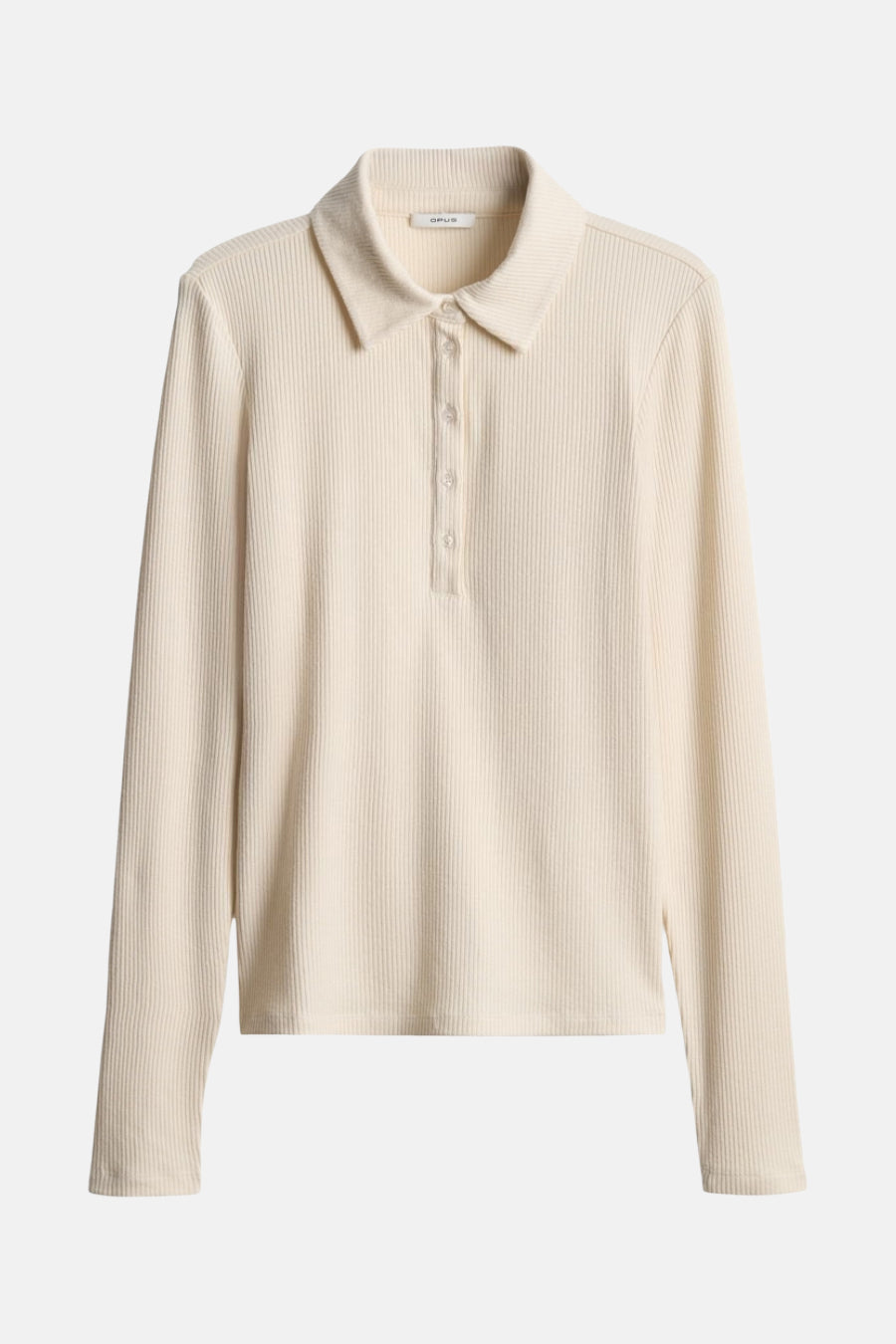 T-shirt à manches longues beige de OPUS, en maille côtelée avec fermeture boutonnée.