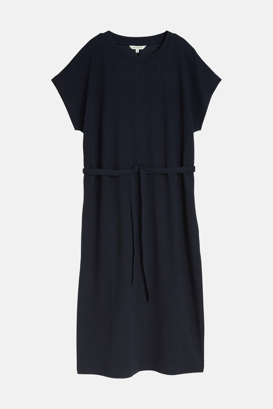 Robe bleu de Tom Tailor à manches courtes, avec une ceinture à nouer et une texture côtelée.