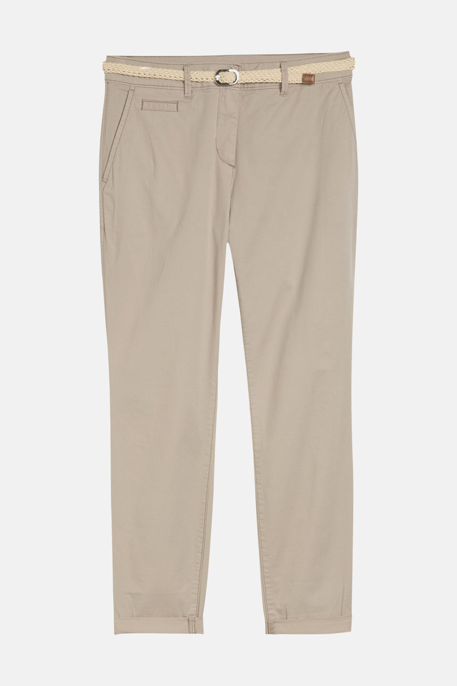 Chino beige de Tom Tailor avec ceinture tressée, poches latérales et ourlets retournés.