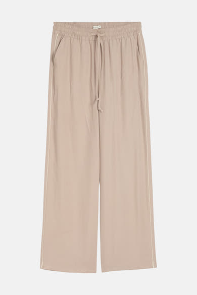 Pantalon taupe de Tom Tailor avec taille élastiquée à cordon, poches latérales et passepoil blanc.