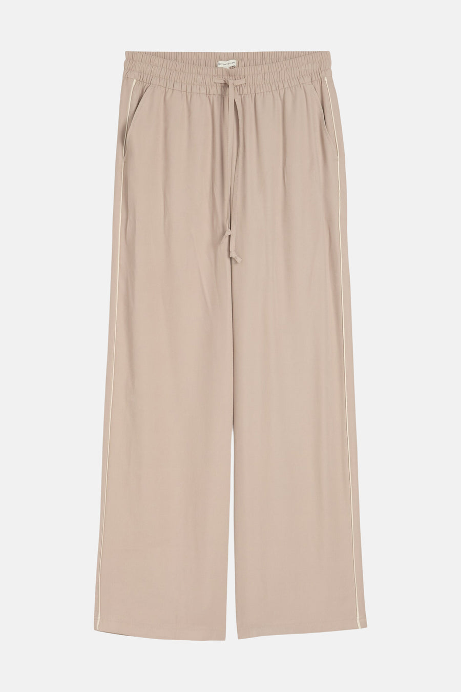Pantalon taupe de Tom Tailor avec taille élastiquée à cordon, poches latérales et passepoil blanc.