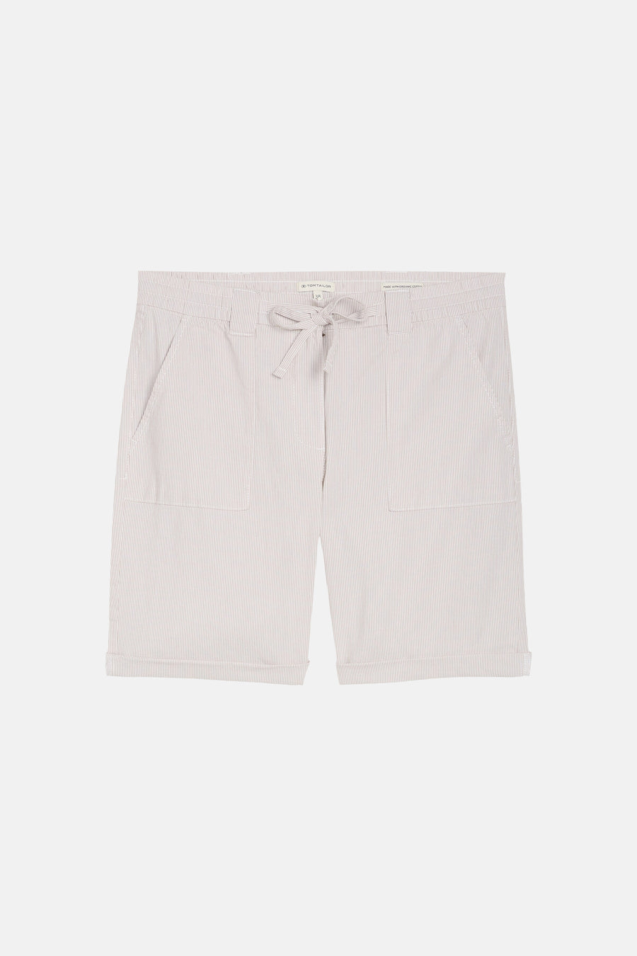 Korte beige short met fijne strepen van Tom Tailor, met elastische tailleband met trekkoord, omgeslagen zomen en zakken.