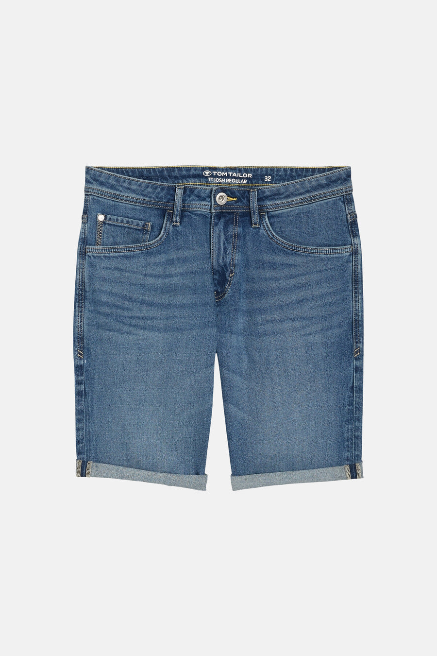 Short en jeans denim bleu moyen de Tom Tailor avec revers, poches avant et délavage subtil.