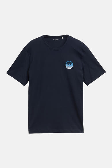 Blauw T-shirt met korte mouwen van Tom Tailor met een ronde grafische print op de borst.