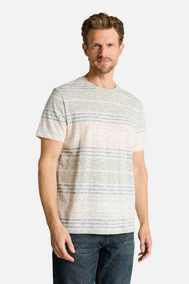 T-shirt multicolore à manches courtes de Tom Tailor, à rayures gris clair, bleues et roses, porté par un homme.