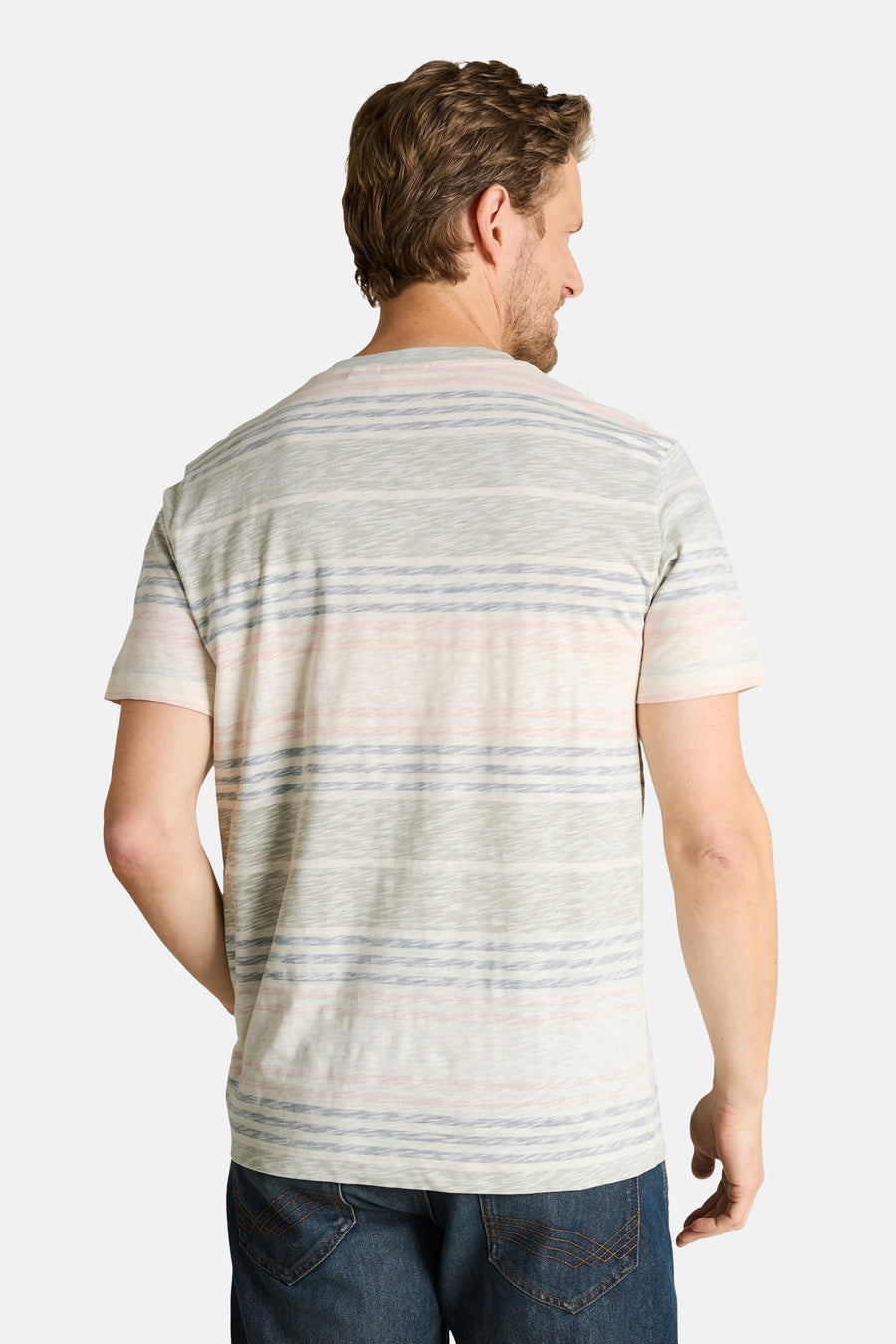 T-shirt à rayures multicolores de Tom Tailor, vue de dos, porté avec un jean.