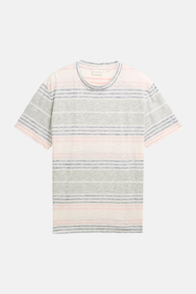 T-shirt à manches courtes multicolore de Tom Tailor, rayé de bandes roses, grises et bleues sur fond blanc cassé texturé.