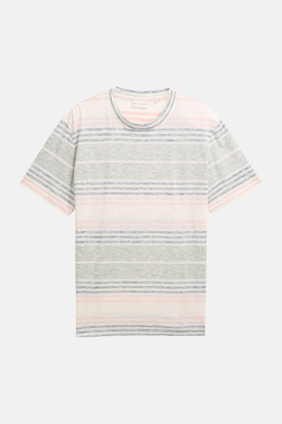 T-shirt à manches courtes multicolore de Tom Tailor, rayé de bandes roses, grises et bleues sur fond blanc cassé texturé.