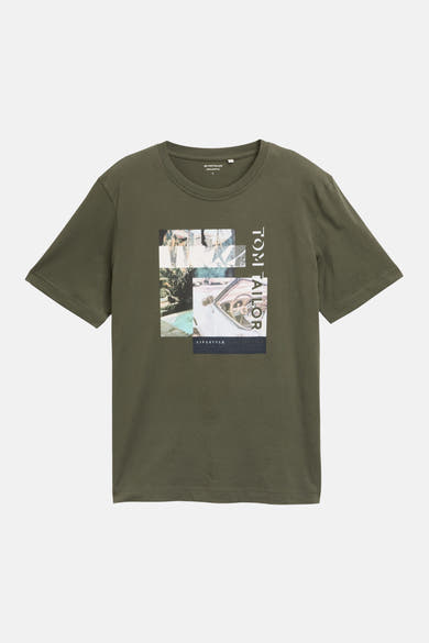 T-shirt à manches courtes vert de Tom Tailor, avec un imprimé graphique collage d'images et le texte "TOM TAILOR".