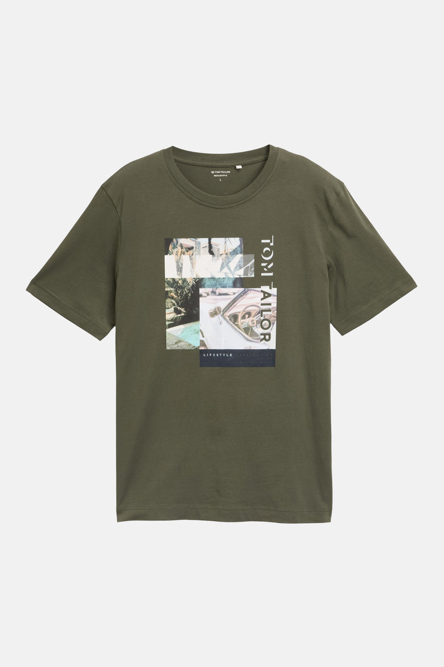 T-shirt à manches courtes vert de Tom Tailor, avec un imprimé graphique collage d'images et le texte "TOM TAILOR".