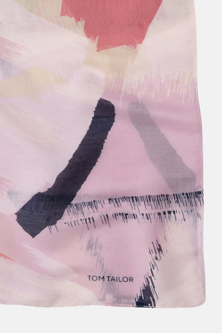 Foulard léger multicolore à dominante rose de Tom Tailor avec un motif abstrait et le logo en noir.