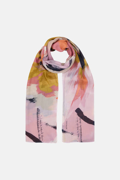 Foulard multicolore de Tom Tailor à motifs abstraits rose, jaune, orange et noir, légèrement drapé.