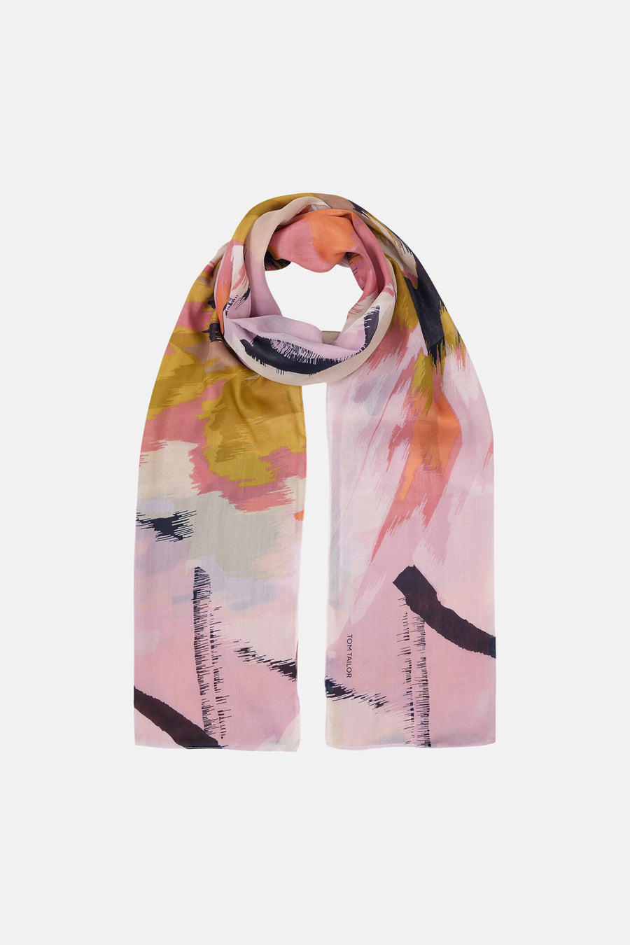 Foulard multicolore de Tom Tailor à motifs abstraits rose, jaune, orange et noir, légèrement drapé.